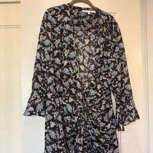 Veronica Beard Ruched Floral Mini Dress – Black / Blue / White Print, Size 16